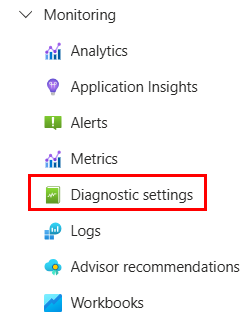 Screenshot of Diagnostic settings item in Monitoring menu in the portal.