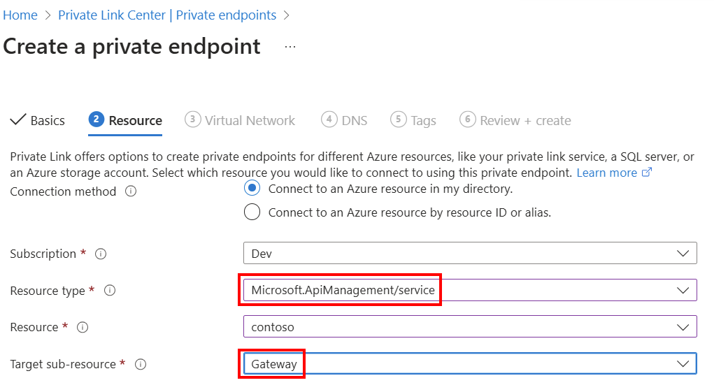 Screenshot showing settings to create a private endpoint in the Azure portal.