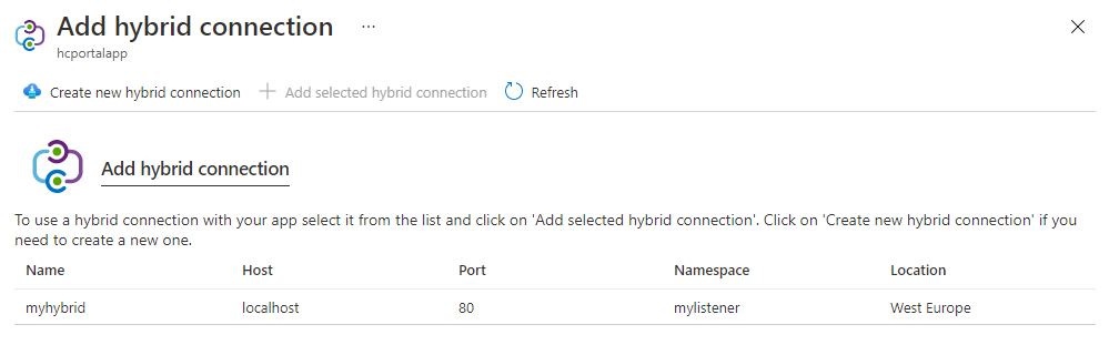 Screenshot of Hybrid Connection page where you can add a connection.