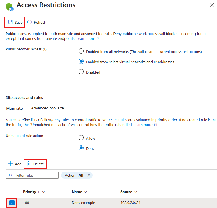 Screenshot of the 'Access Restrictions' page, showing the 'Remove' ellipsis next to the access restriction rule to be deleted.