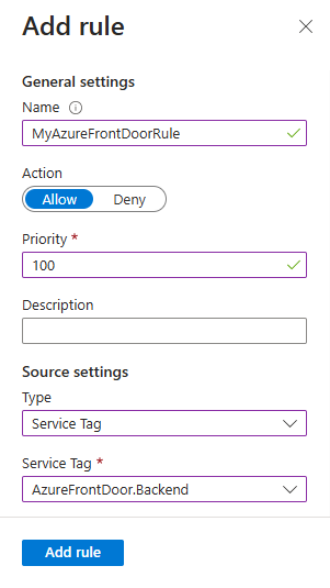 Screenshot of the 'Access Restrictions' page in the Azure portal, showing how to add Azure Front Door restriction.