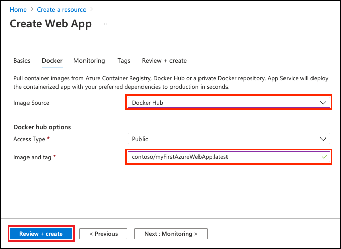 Screenshot of Configure your a Web App for Containers.