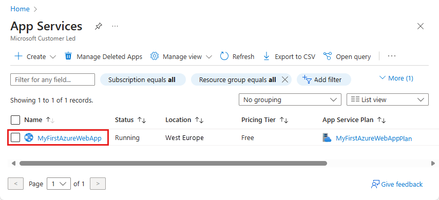 Screenshot of the Azure portal - App Services page with an example web app selected.