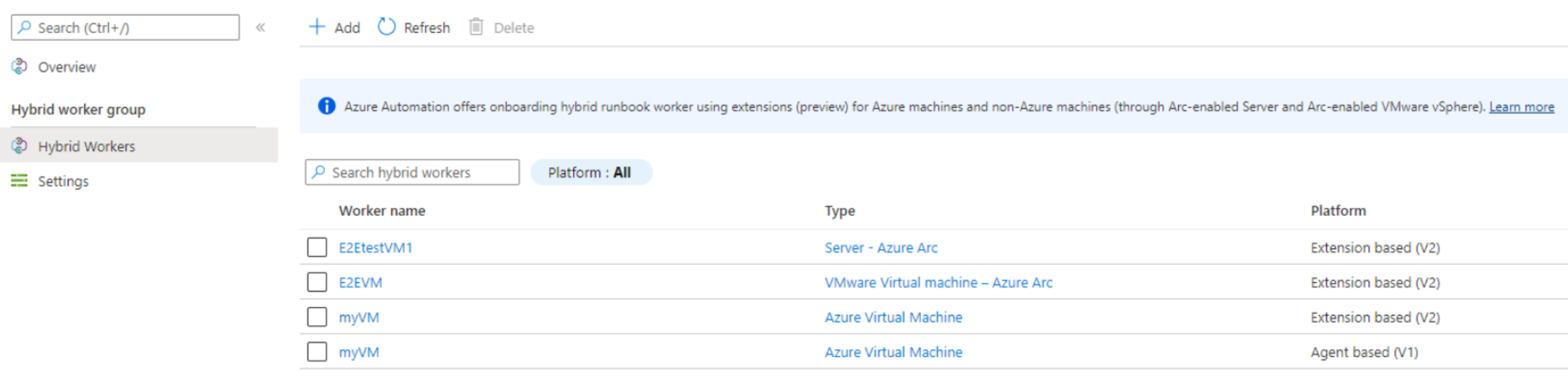 Screenshot of hybrid worker group showing platform field.