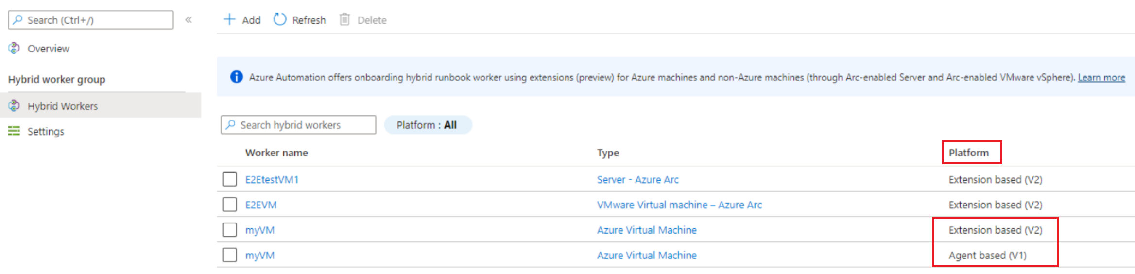 Screenshot of platform field showing agent or extension based hybrid worker.