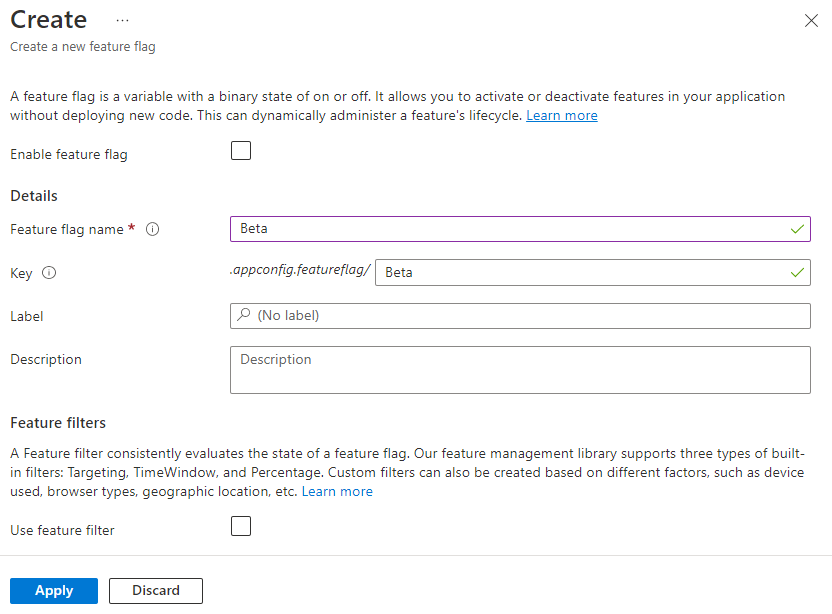 Screenshot showing fields to enable a feature flag named Beta.