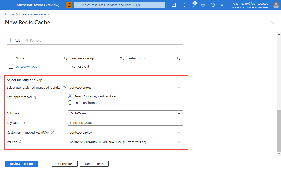 Screenshot showing the select identity and key fields completed.