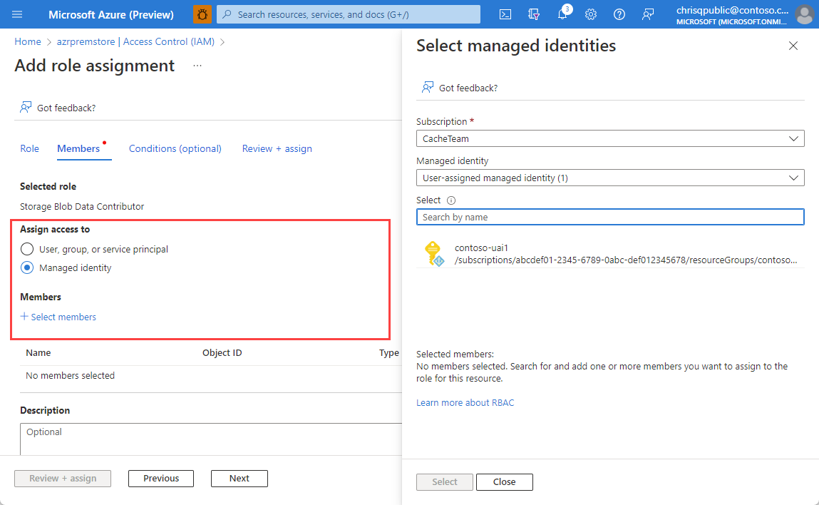 Screenshot showing add role assignment form with members pane.