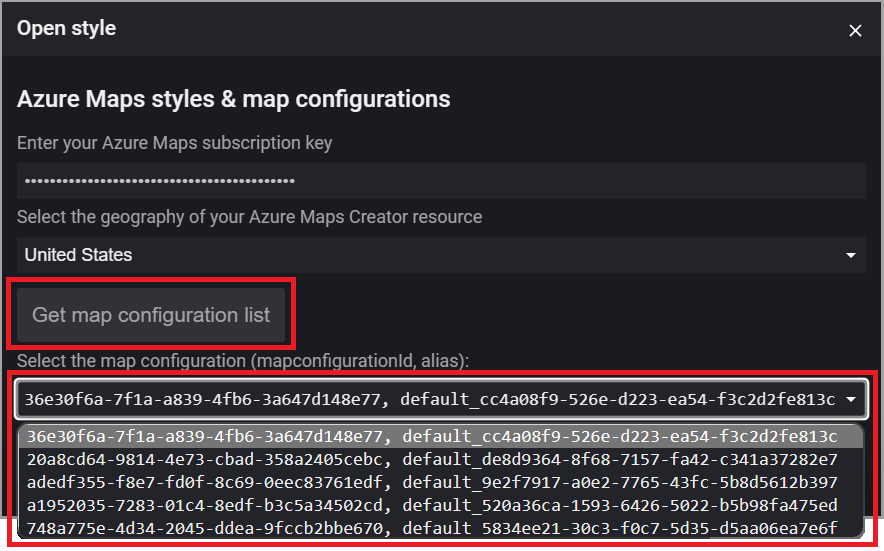 A screenshot of the open style dialog box in the visual style editor with the Select map configuration drop-down list highlighted.