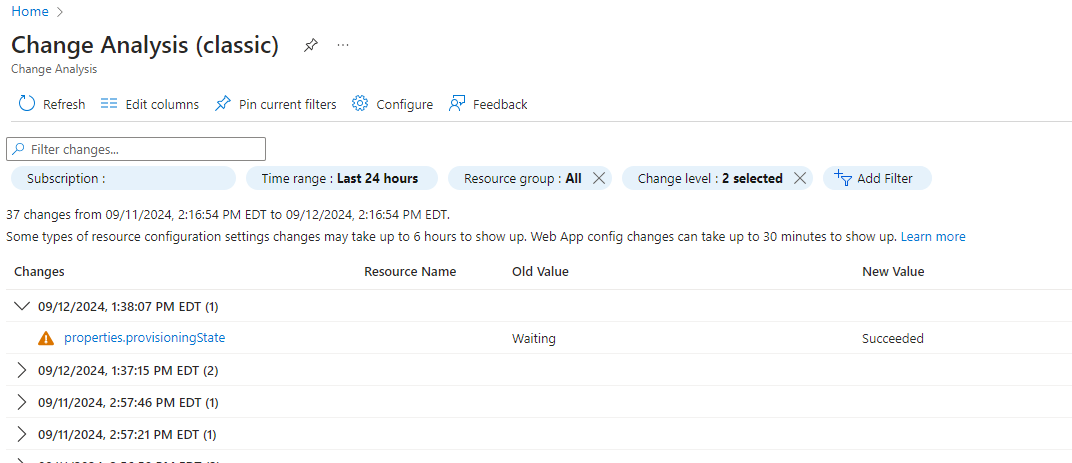 Screenshot that shows the Change Analysis (classic) pane in the Azure portal.