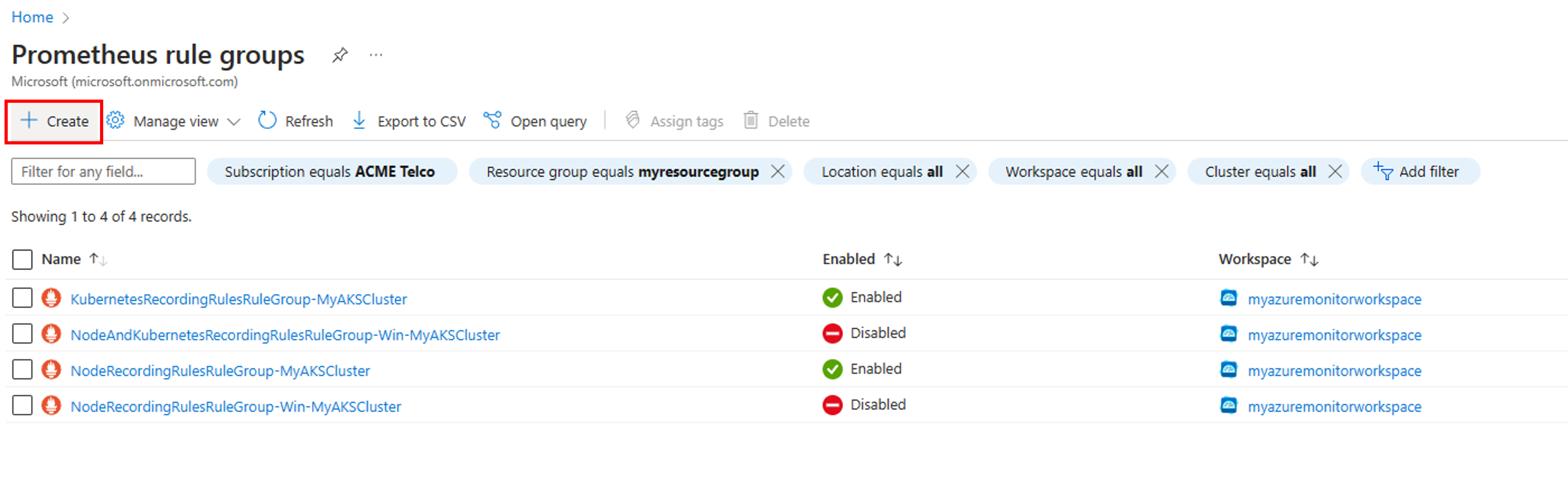 Screenshot that shows steps to create a new Prometheus rule group.