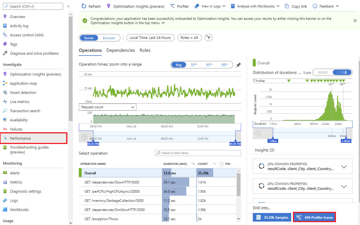 Screenshot that shows the .NET Profiler traces button in the Performance pane.