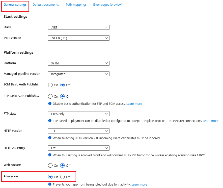 Screenshot that shows the General tab on the Configuration pane showing that Always On is enabled.