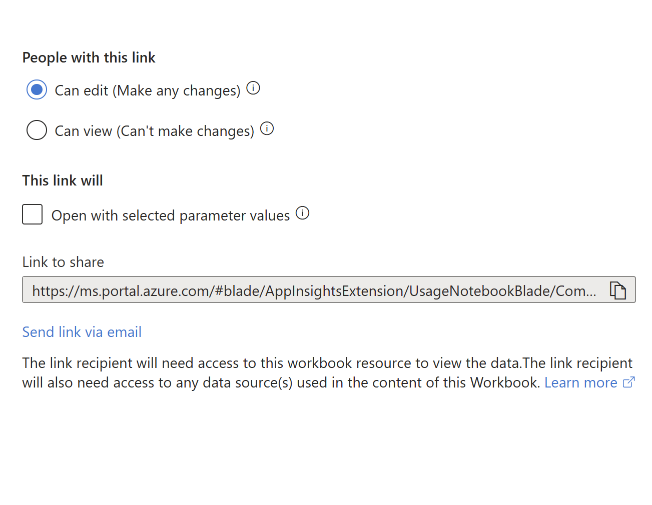 Screenshot of the steps to share an Azure workbook.