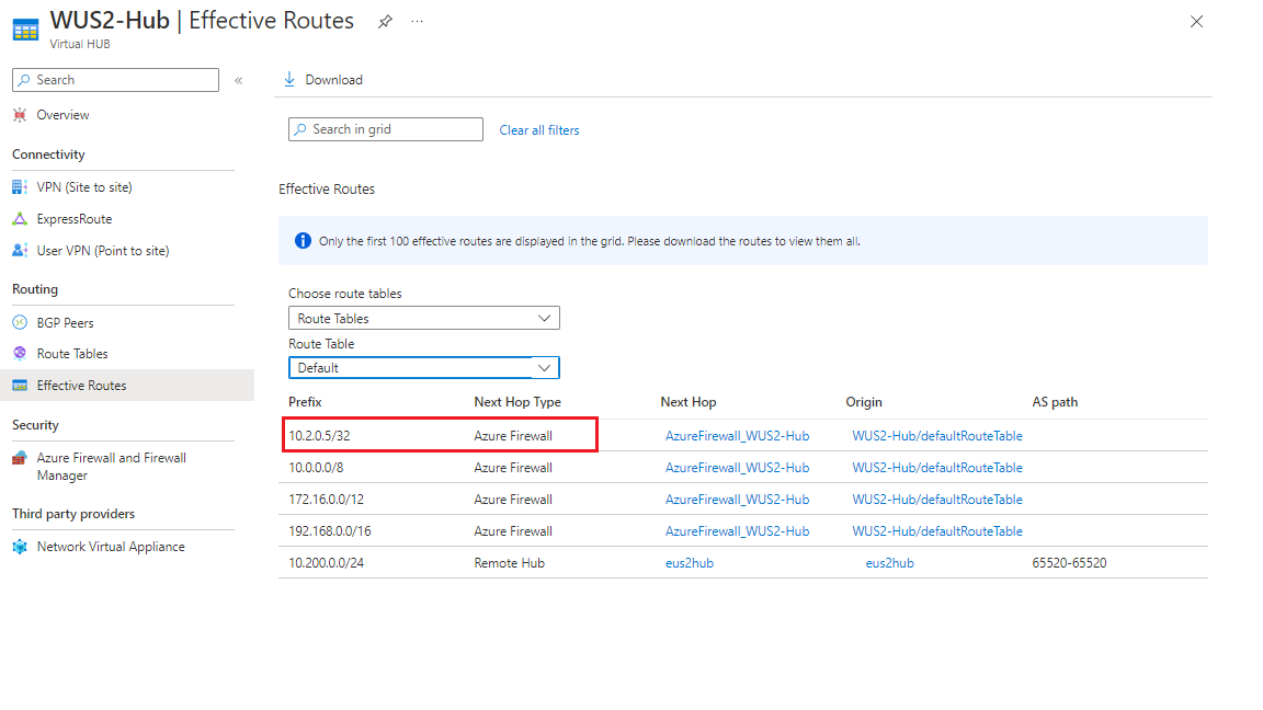 Screenshot of effective routes in Azure portal.