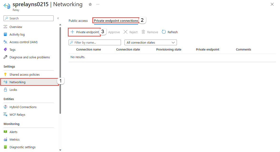 Screenshot showing the selection of the Add private endpoint button on the Private endpoint connections tab of the Networking page.