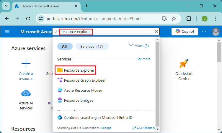 Screenshot of selecting All services in the Azure portal to access Azure Resource Explorer.