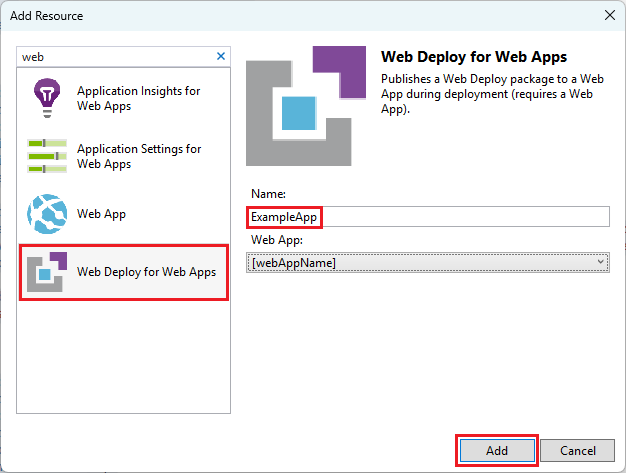 Screenshot of the Add New Resource window with Web Deploy for Web Apps selected.