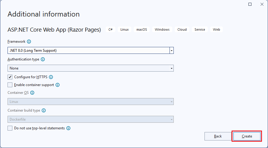 Screenshot of the New ASP.NET Core Web Application window with Web Application selected.