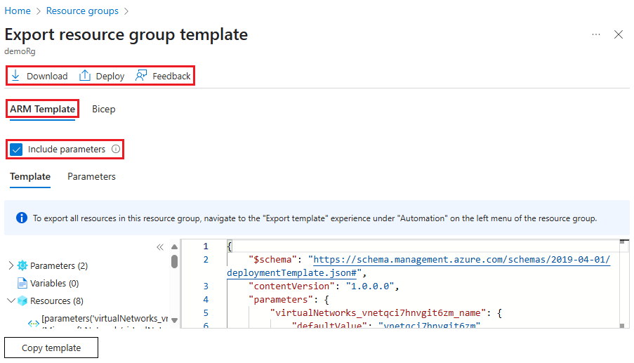 Screenshot of the displayed exported template in Azure portal.