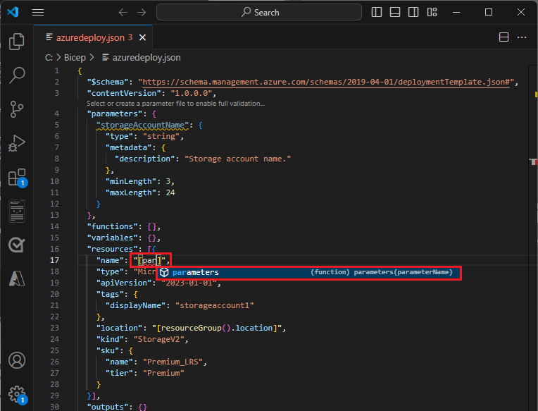 Screenshot showing autocompletion when using parameters in ARM template resources.