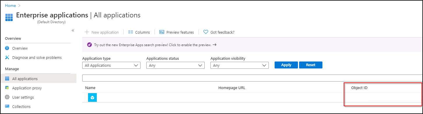 Screenshot of the Enterprise applications page for a Microsoft Entra ID resource with the Object ID of the SQL Managed instance highlighted.