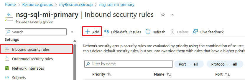 Screenshot of adding inbound security rules for the NSG in the Azure portal. 