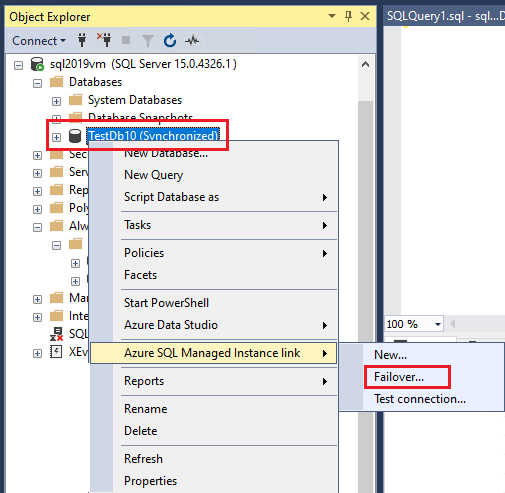 Screenshot that shows a database's context menu option for failover.