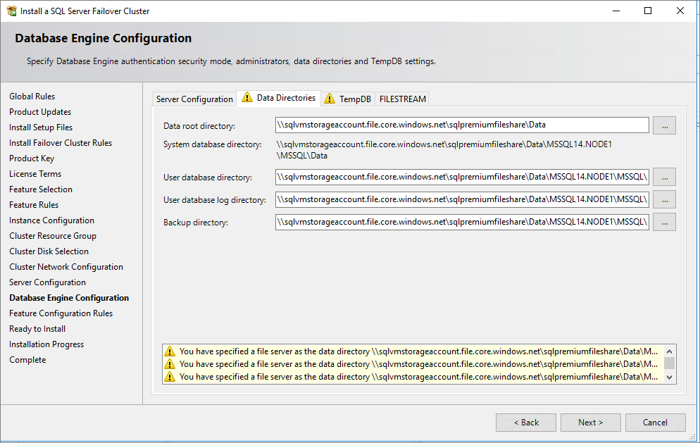 Screenshot showing to use file share as SQL data directories.