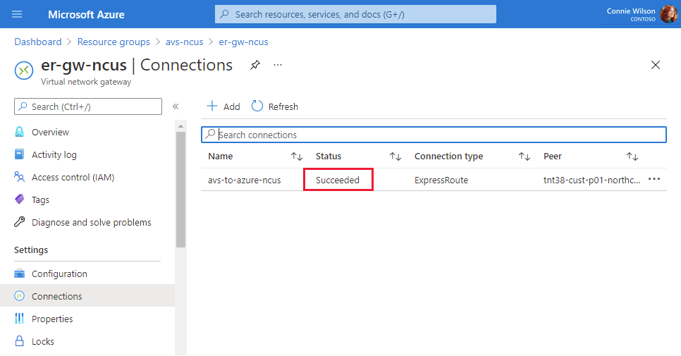 Screenshot that shows a successful virtual network gateway connection.