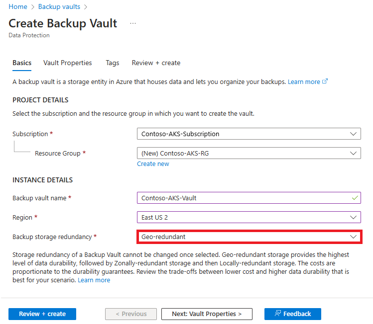 Screenshot shows how to enable the Backup Storage Redundance parameter.