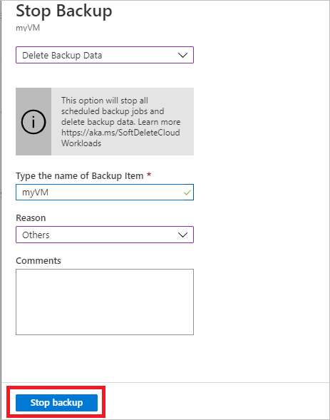 Screenshot showing to select Stop backup to delete vault.