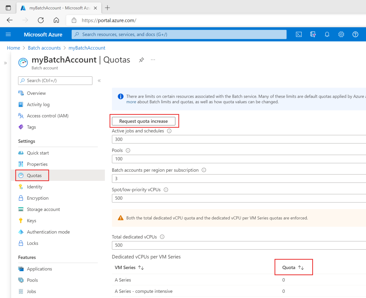 Screenshot of Batch account's quota page in the Azure portal. Highlights for the quota page in menu, button to request quota increase, and quota column in resource list.