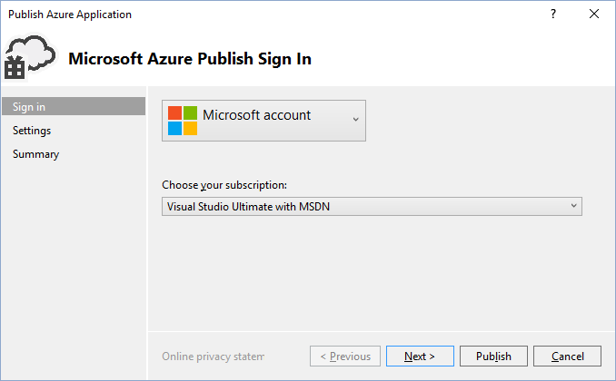 Microsoft Azure Publish Sign In