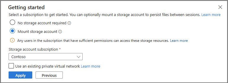 Screenshot showing the select subscription and optional storage prompt.