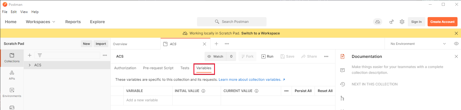 Postman with a Communication Services Collection's Variables Tab.