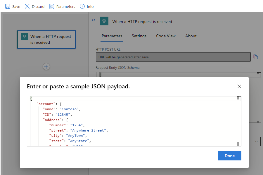 Screenshot showing Standard workflow, Request trigger, and sample payload entered to generate schema.