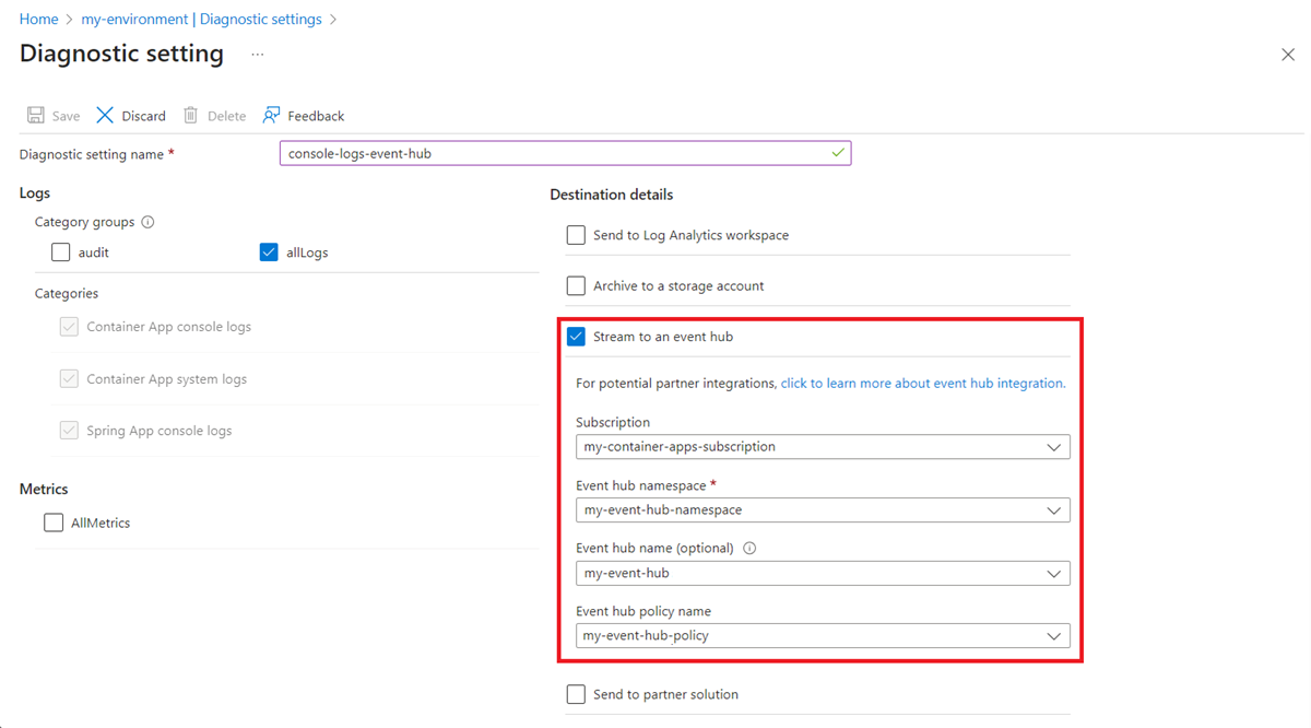 Screenshot Diagnostic settings event hub destination.