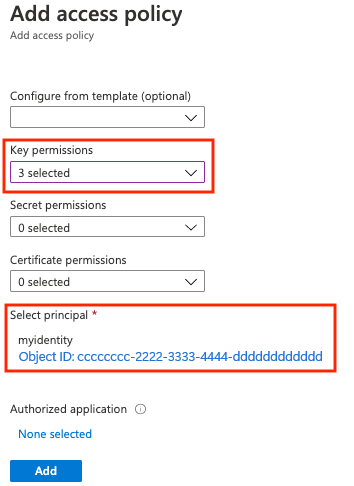 Screenshot of options for creating a key vault access policy.