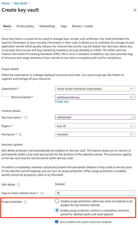 Screenshot of the options for creating a key vault in the Azure portal.