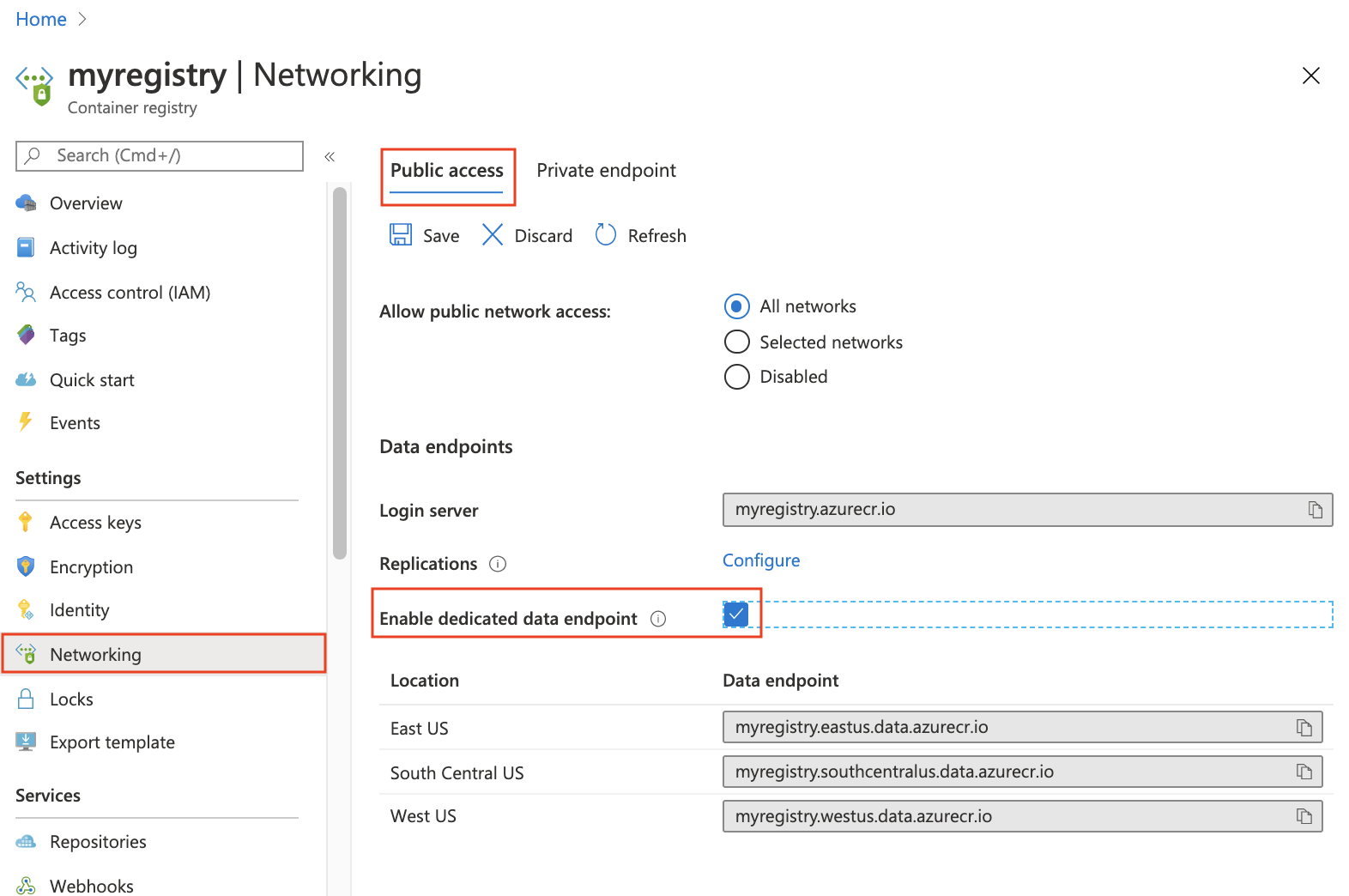 Dedicated data endpoints in portal