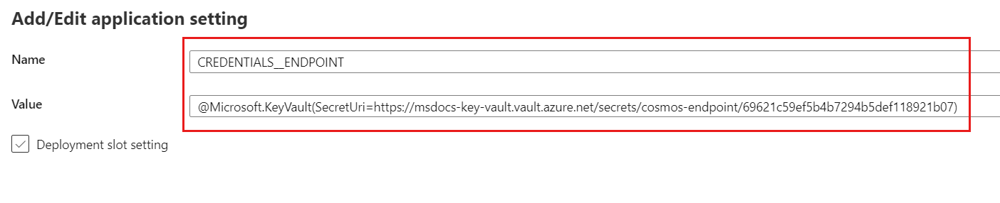 Screenshot of the Add/Edit application setting dialog with a new app setting referencing a key vault secret.