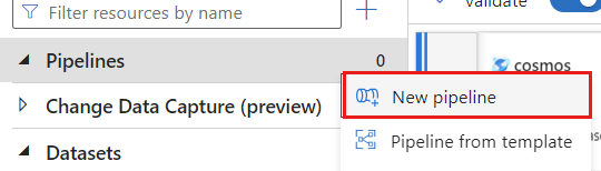 Screenshot of the new pipeline option within the resources section.