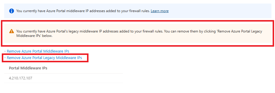 Screenshot of the option to remove legacy middleware IPs for networking in the Azure portal.