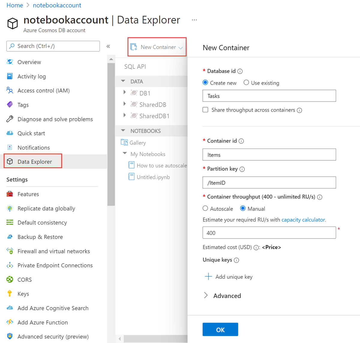 Screenshot of Data Explorer, with New Collection highlighted