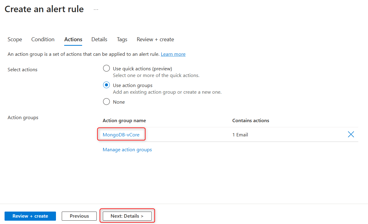 Screenshot of the completed alert rule actions tab in the Azure portal.