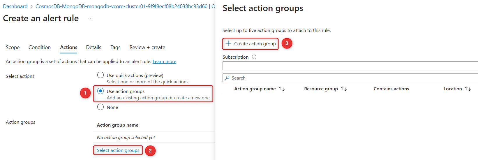 Screenshot of the action group creation panel in the Azure portal.