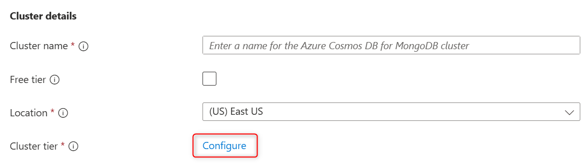 Screenshot of the 'configure cluster' option for a new Azure Cosmos DB for MongoDB cluster.