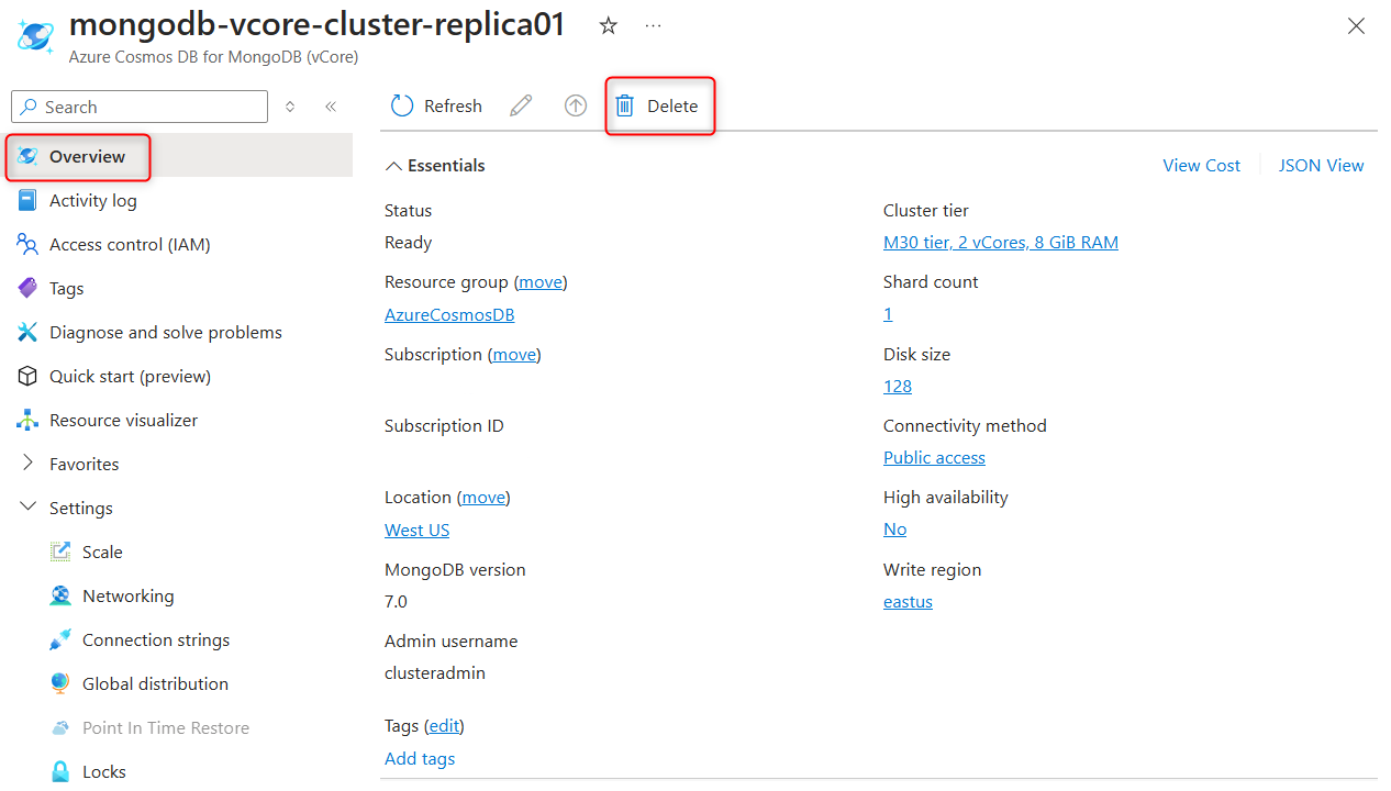 Screenshot of the replica cluster properties with Overview page open and Delete button highlighted in Azure portal.