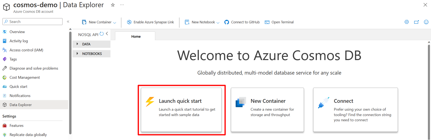 Screenshot illustrating how to load a sample data set into a database and container.